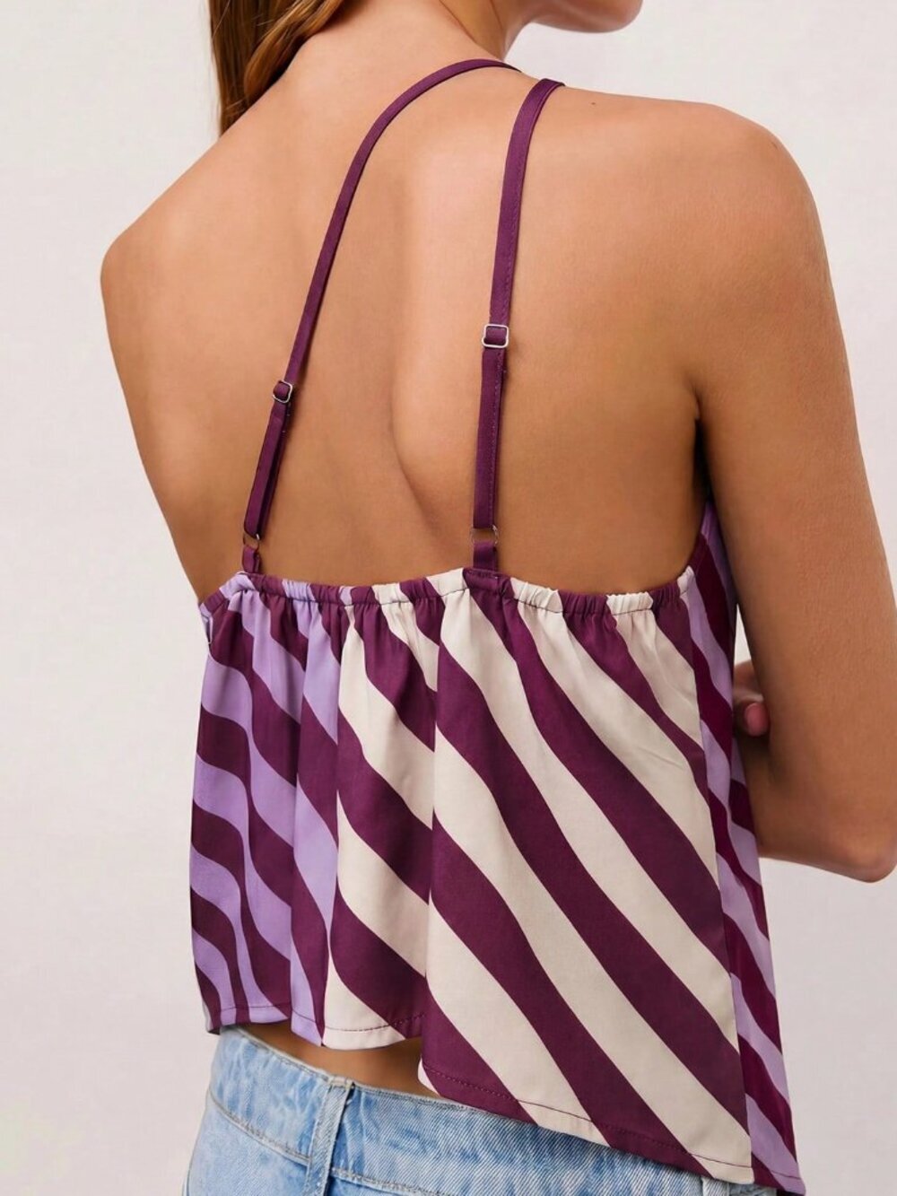 Purple Casual Women's Striped Halter Top with Adjustable Straps and Bow Back Tie - Picture 2 of 7